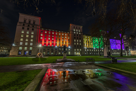 Ministry of Defence main building lit in rainbow colours