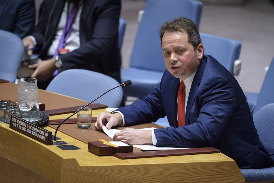Carlos Ruiz Massieu, Special Representative of the Secretary-General and Head of the United Nations Verification Mission in Colombia, briefs the Security Council on the situation in Colombia. (UN Photo)