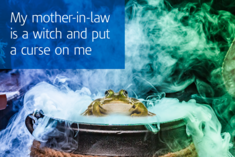 Image of cauldron and a frog with the text "My mother-in-law is a witch and put a curse on me"