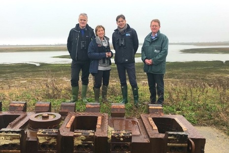 Minister Rebecca Pow with RSPB's Martin Harper (centre right), Natural England's Aidan Lonergan (far left) and Paul Miller, of the Environment Agency at Wallasea