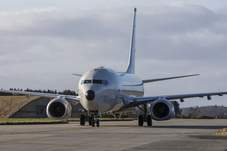 RAF P-8A Poseidon taxi's towards a parking slot at Kinloss