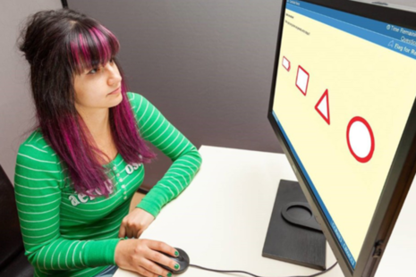 Photo of a woman sat at a computer, answering a theory test question