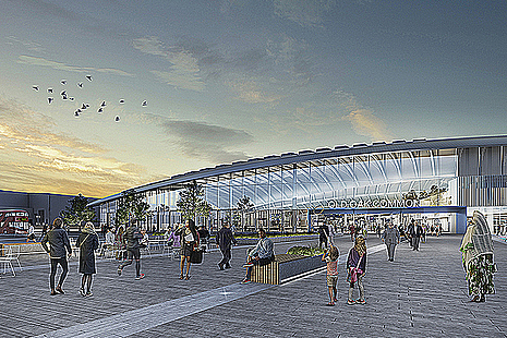 CGI showing external view of Old Oak Common station