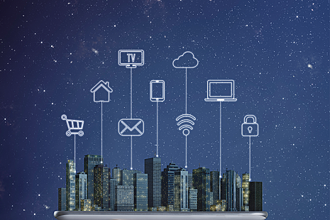 graphic showing a city with different icons above it.