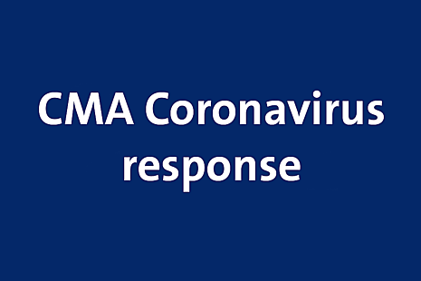 white text on a blue background, text reads: CMA Coronavirus response