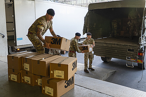 Soldiers from 101 Logistic Brigade delivering Personal Protective Equipment to St Thomas' hospital in London to boost vital stocks for the NHS doctors and nurses.
