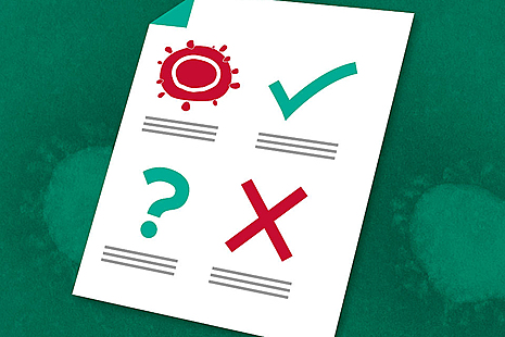 A piece of paper with a tick, cross, question mark and virus image