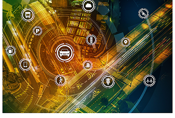 Coloured road with infrastructure icons