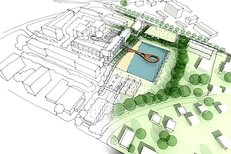 Drawing of a housing development with half in green and the other half black and white