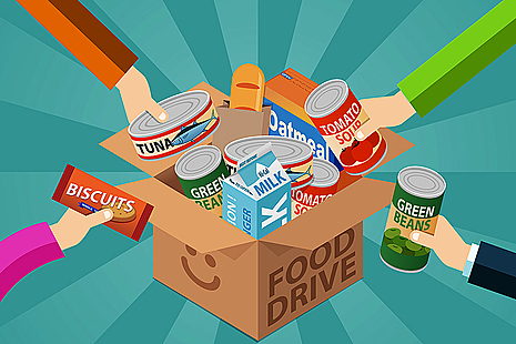 Animated image showing various food items placed into a cardboard box