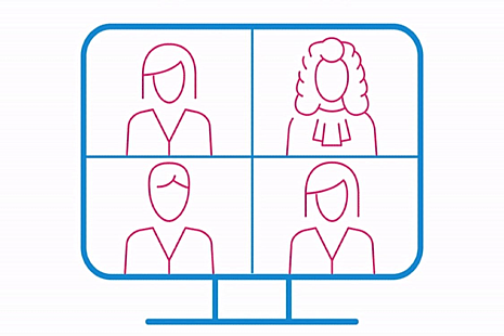 Animated images of computer with four faces on screen