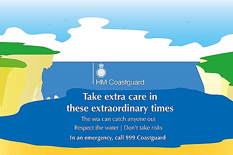Logo HM Coastguard and phrase take extra care in these extraordinary times