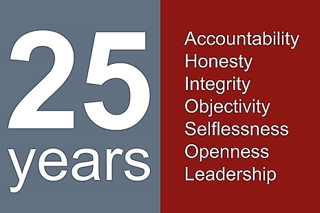 The words '25 years' opposite the words 'selflessness integrity objectivity accountability openness honesty leadership'