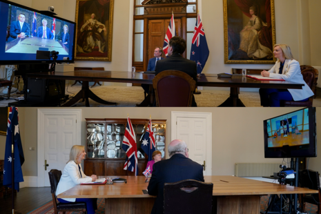 Secretary of State Liz Truss and UK representatives speaking to Australia and New Zealand representatives