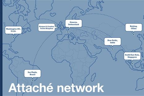 Blue map locating where the IP attaché's are based around the world.