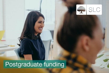 Image of a woman in a meeting environment with the words Postgraduate funding across it