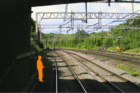 Forward facing CCTV image showing position of track worker within an area of limited clearance (courtesy of Avanti West Coast)