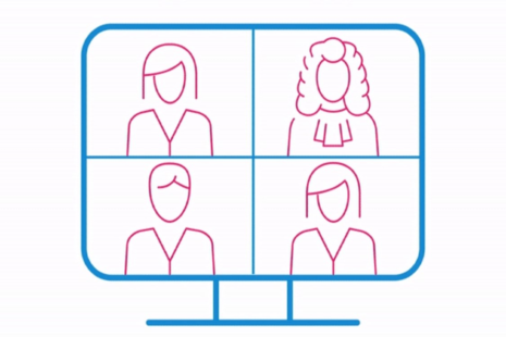 Animated images of computer with four faces on screen