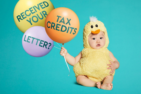 Image of child holding some balloons that display the words "Received your tax credits letter?"