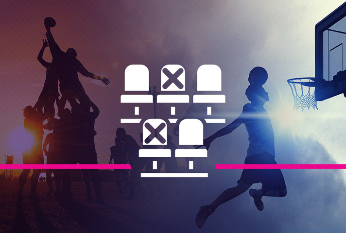 Sport pilots - socially distanced seat icons on rugby and basketball background