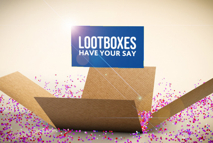 Lootbox image reminiscent of those in video games on a light background with the words: Lootboxes, have your say