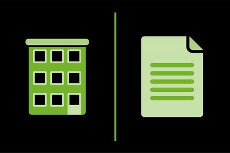 Green house and document icons on black background
