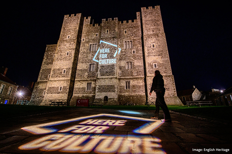 Here for Culture logo projected onto Dover Castle at night