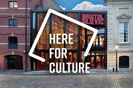 Bristol Old Vic exterior with a Here for Culture branding logo in the foreground