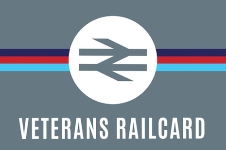 logo for the new veterans railcard; grey background with the words veterans railcard in white written over the top.