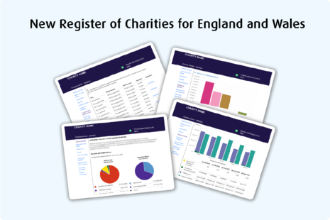 Screenshots of the new register of charities showing chart charts and pie charts. Includes the wording 'New register of charities for England and Wales'.