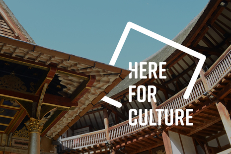Here for Culture logo against the sky above The Globe Theatre, London
