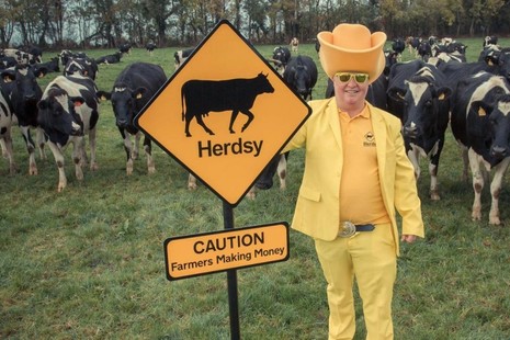 Herdsy - Founder Richard Hobson in a field with cows wearing a yellow suit and Herdsy's sign saying Caution - Farmers Making Money