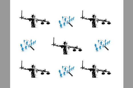 Image shows a repeated picture of Lady Justice and a repeated picture of people being looked at through a magnifying glass