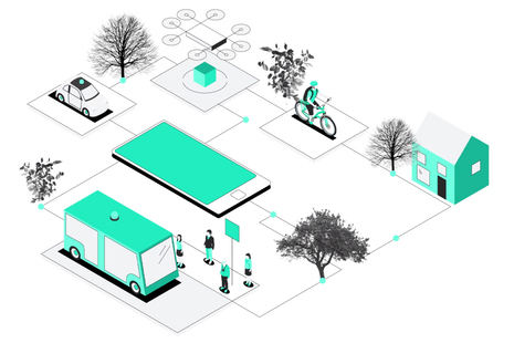 Графическое изображение, изображающее связанное с ним предполагаемое будущее транспортное сообщение и мобильный телефон в центре.