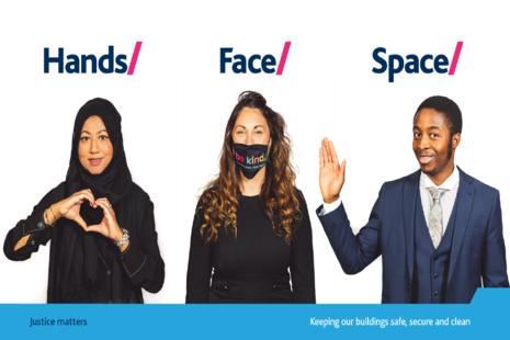 Three people using their hands to describe the hands, face, space campaign