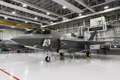 Photograph of the F-35 aircraft inside the base at RAF Marham.