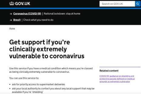 GOV.UK page titled: Get support if you’re clinically extremely vulnerable to coronavirus