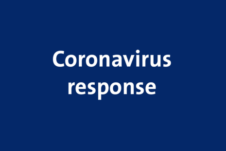 white text on a blue background, text reads: Coronavirus response