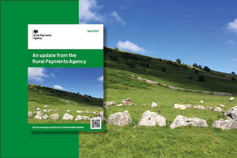 Front page of the Rural Payments Agency April 2021 update with a rural landscape in the background