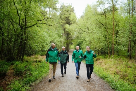 Four men walking through a woodland