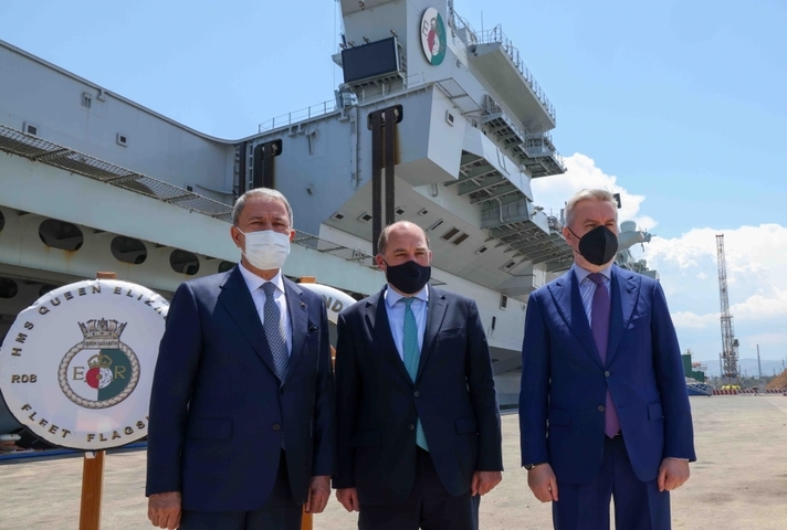 Ben Wallace with the Italian and Turkish defence ministers on board HMS Queen Elizabeth