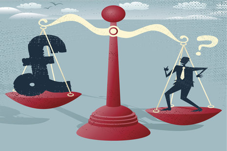 a set of scales with a pound sign on one side and a business man with a question mark on the other side