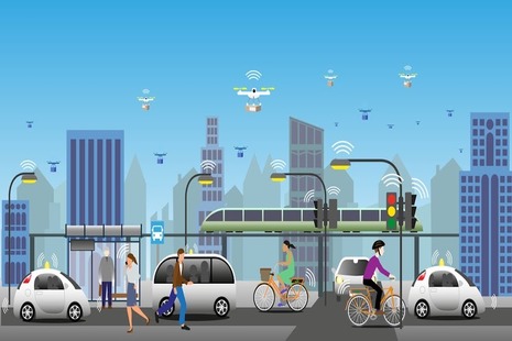 Animated image showing modes of transportation including bike, car and drones
