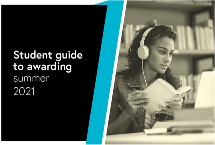 The front cover of the student guide to awarding, showing a girl with headphones on looking at a screen