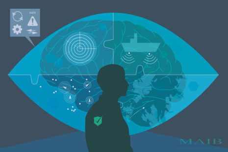 Illustration of silhouetted seafarer in front of a brain, with navigation symbolism to represent the stress of ever increasing pace of change