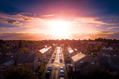 Aerial view of homes in city