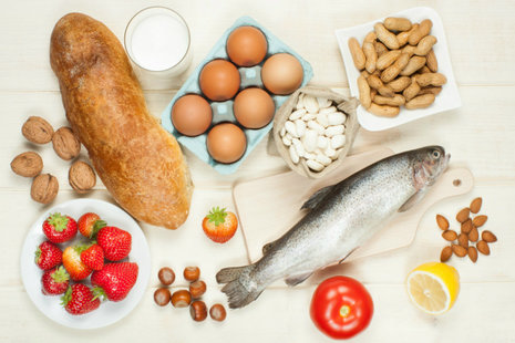 Most common allergenic foods, milk, fish, wheat, eggs.