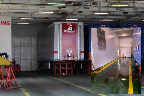 The semi-trailer parking arrangement showing the space where the fatality occurred