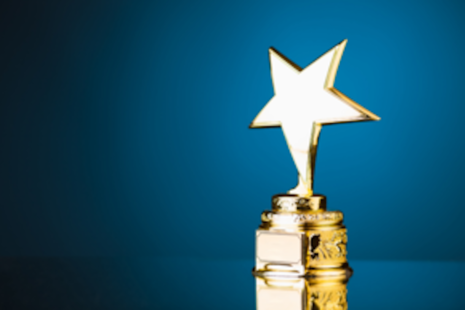 Изображение награды в форме звезды на простом голубом фоне.