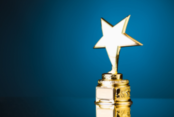 An image of an award in the shape of a star, against a plain blue background.